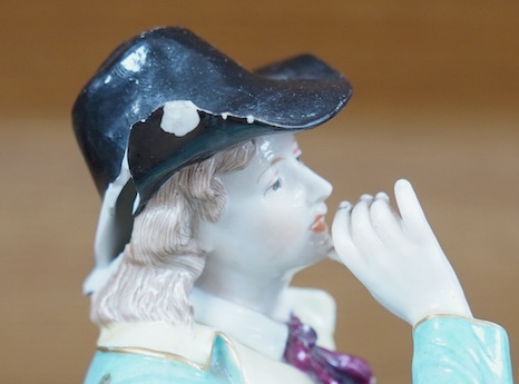 A Ludwigsburg porcelain figure and a pair of Berlin figures, tallest 27cm. Condition - poor